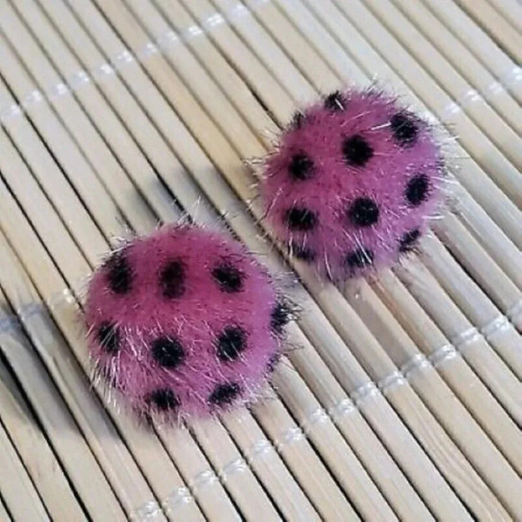 Handmade Faux Fur Fuzzy Polka Dot Earrings Pink Black Barbiecore - Picture 1 of 3